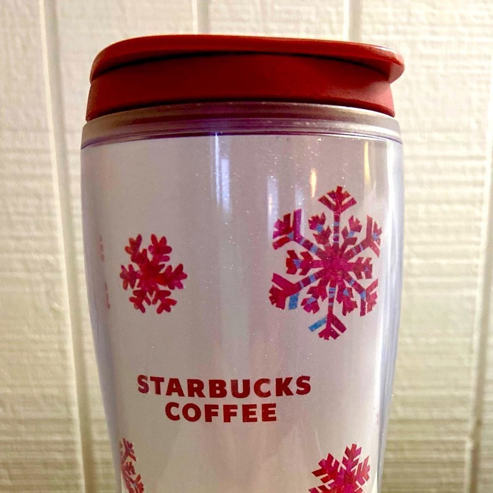 Starbucks Red Pink Snowflake Travel Mug Flip Top Tumbler 2009 16 oz Snow.